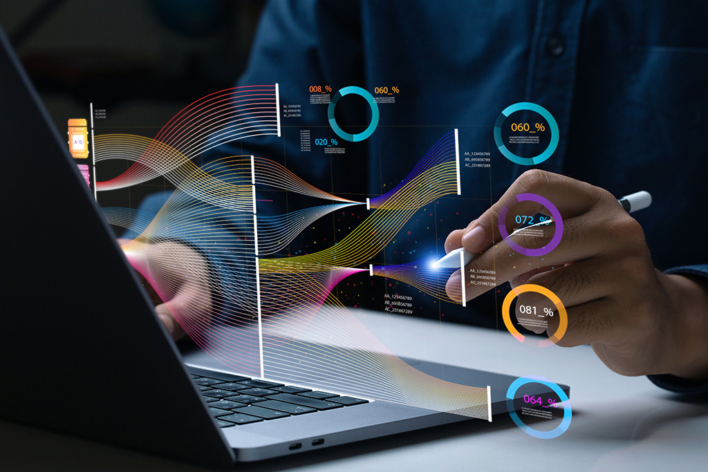 Businessman analyze and visualize complex information on a virtual screen using AI to process data. Big data technology and data science.Data flow.Digital neural network.artificial intelligence